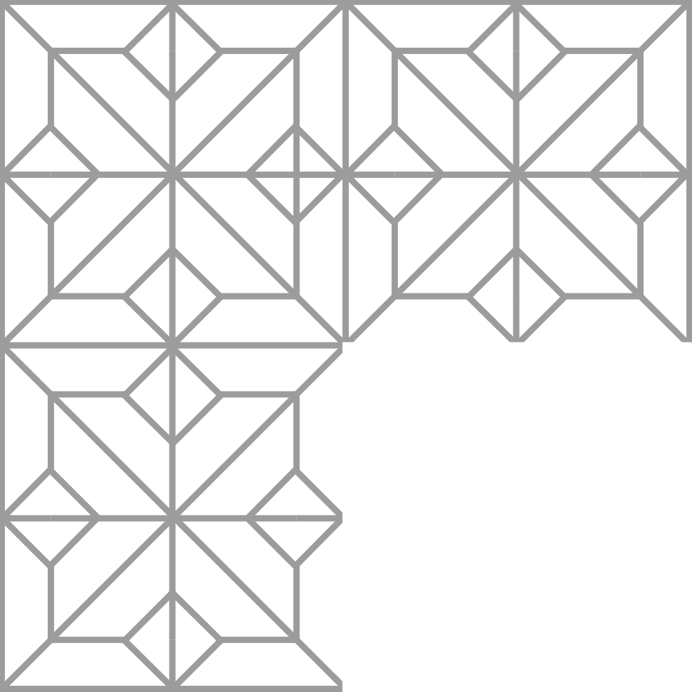 Patrón geométrico en blanco y negro con bloques triangular y cuadrado, dividido en cuatro cuadrantes