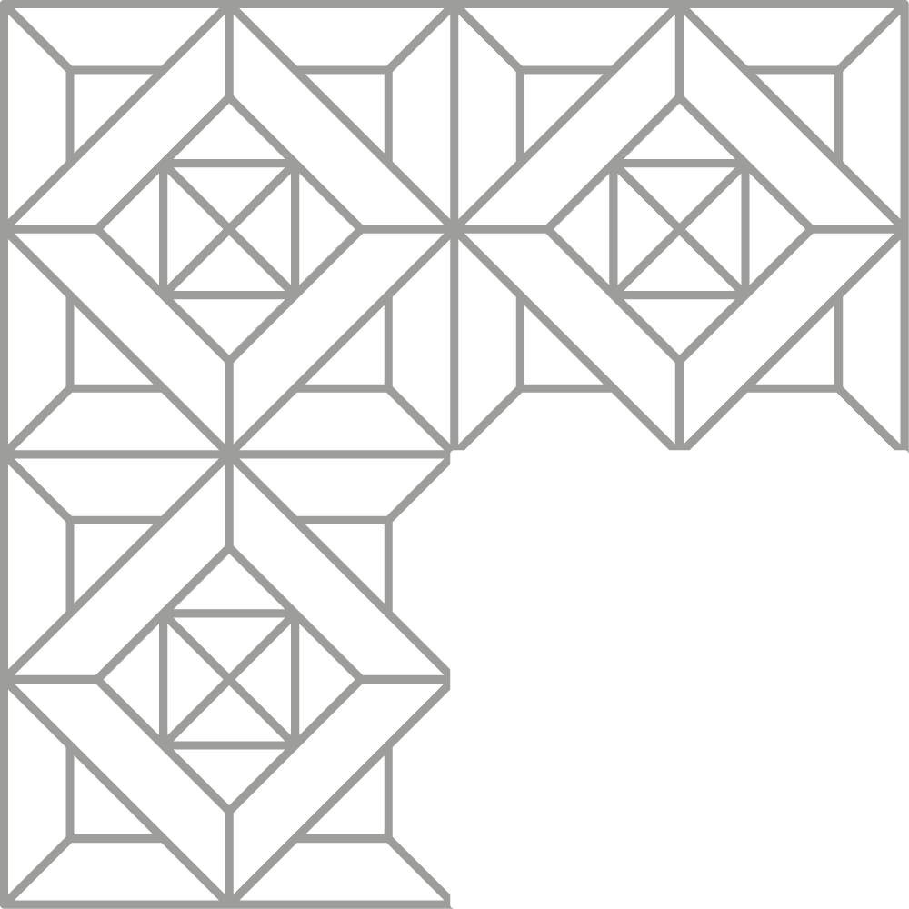 Cuatro patrones geométricos en negro, gris y blanco, formando un diseño repetitivo con líneas y triángulos.