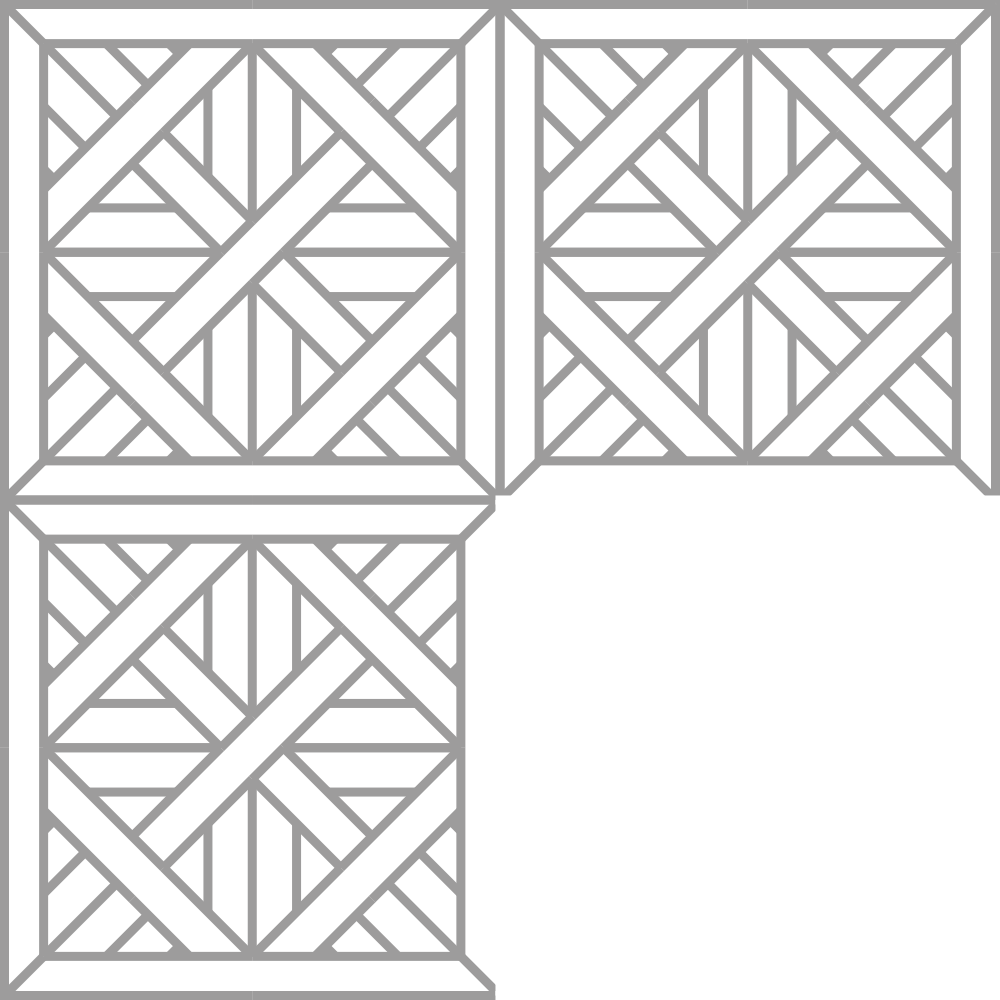 Cuadrícula con patrón geométrico en blanco, negro y gris, formado por líneas diagonales y rectas que crean un diseño intrincado y simétrico.