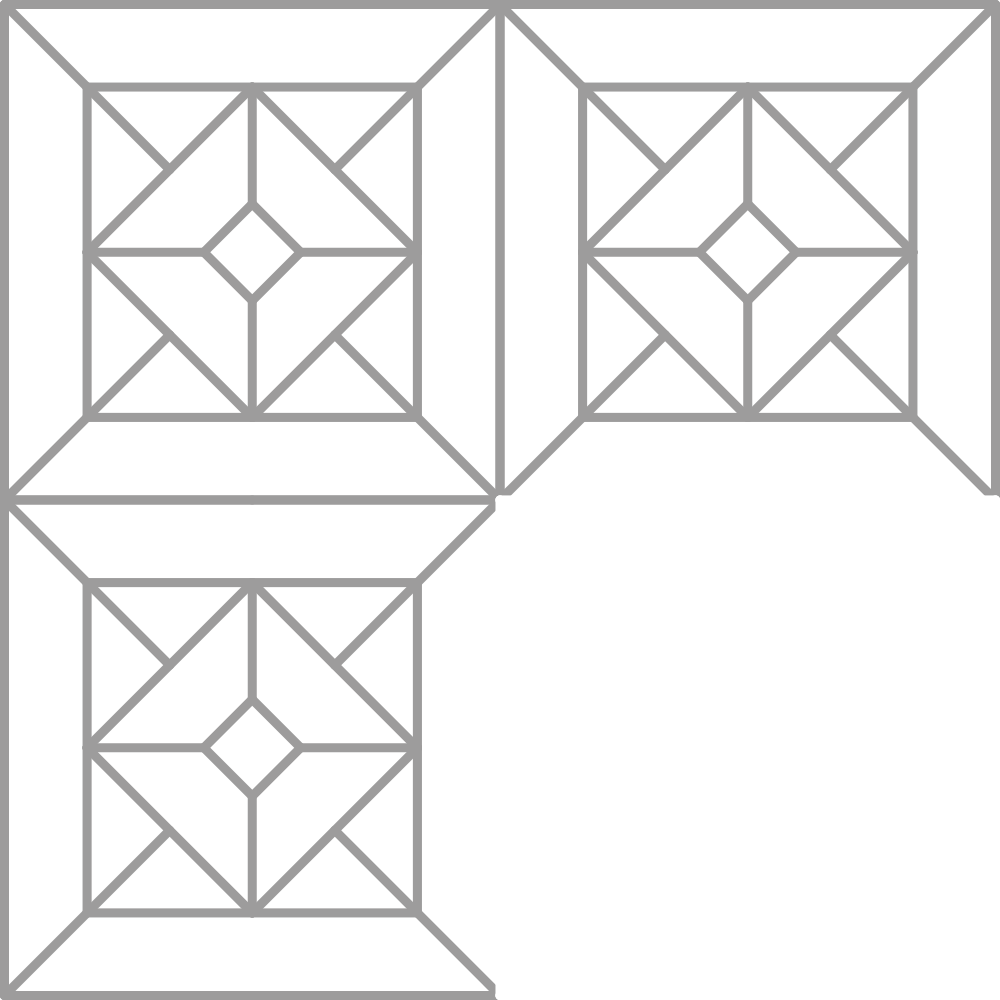 Cuatro cuadrantes con patrones geométricos en negro y gris, con líneas enmarcadas en gris y en mi blanca.