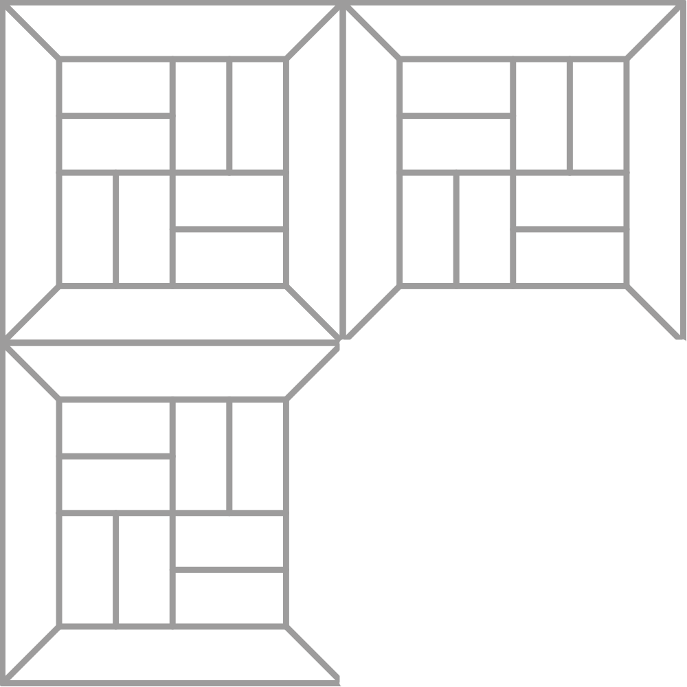 Cuatro esquinas con patrones geométricos en blanco y negro, formando cuadrados y líneas, con diferentes tonos y estilos.