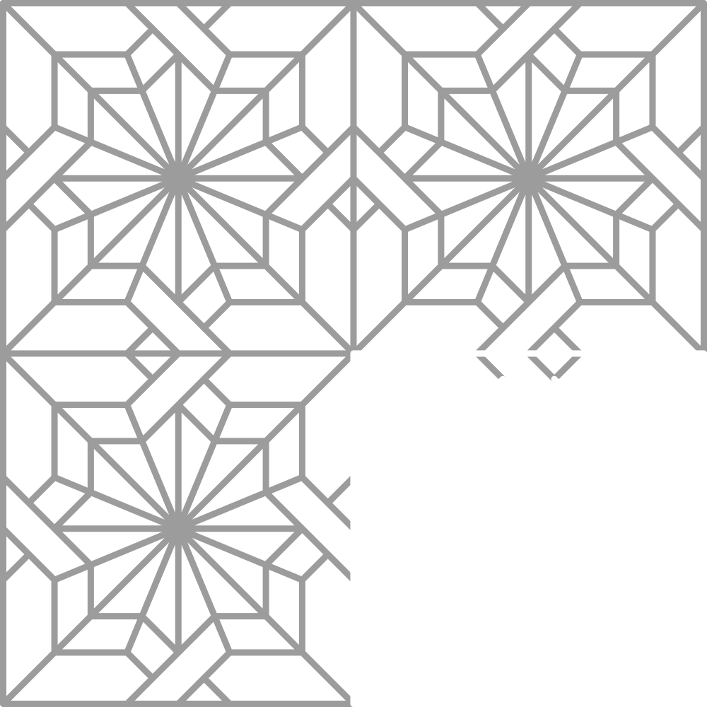 Ilustración geométrica de patrones simétricos en blanco y negro, con formas en estrella y red de líneas entrecruzadas.
