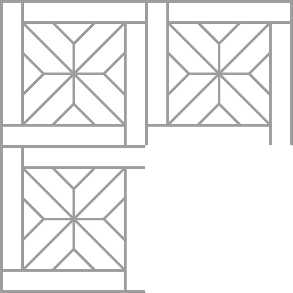 Cuatro ventanas con rejas negras y molduras blancas en una pared.