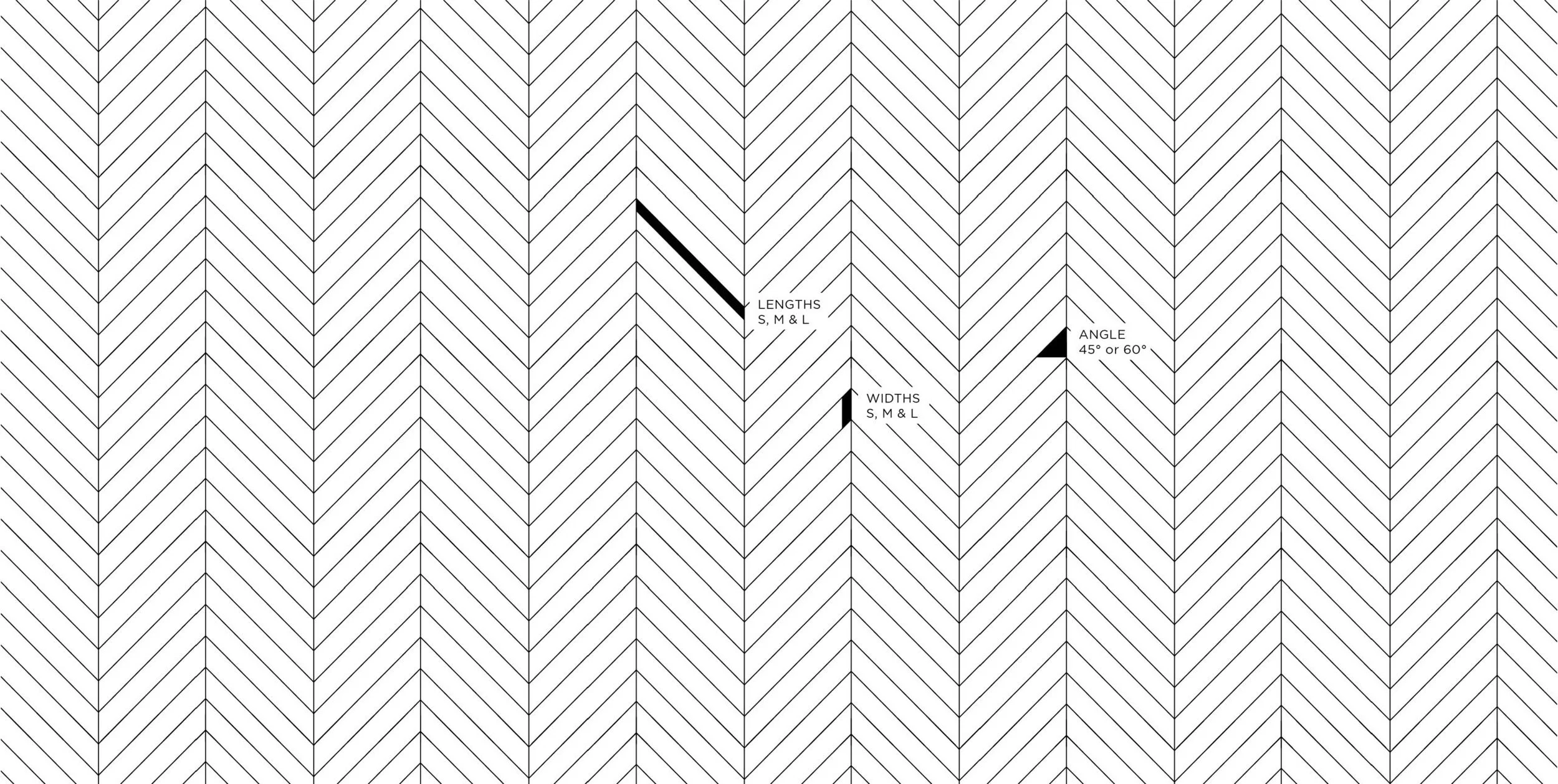 Diagrama con líneas y ángulos etiquetados, que muestra diferentes longitudes, anchos y ángulos como 45° o 60° en un patrón de líneas de dirección opuesta.