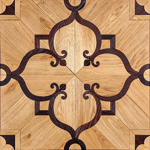 Diseño de patrón geométrico en madera con detalles en color negro.