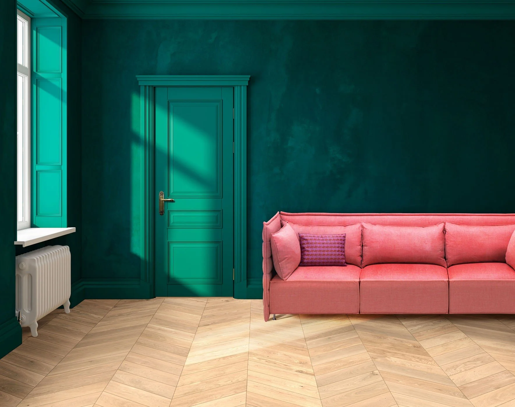 Interior de sala con pared verde, puerta de madera del mismo color, sofá rosa con cojines morados, ventana a la izquierda con radiador debajo y suelo de madera en espiral.