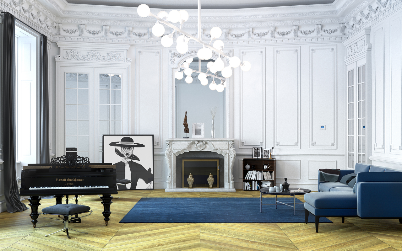 Sala de estar elegante con paredes blancas con molduras, chimenea decorativa, sillón azul, mesa de centro y un piano negro. Decoraciones artísticas y jarrones adornan la habitación.