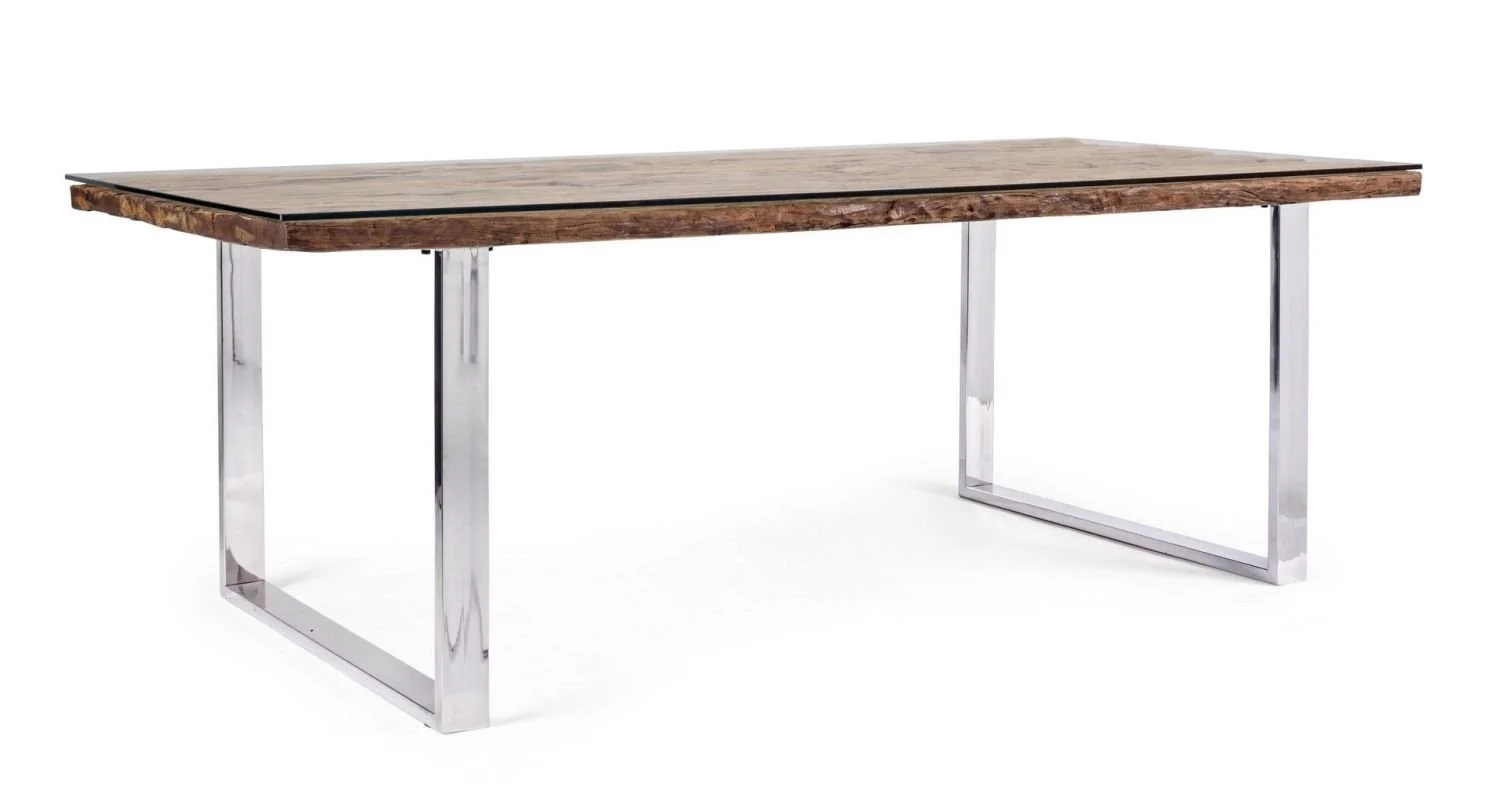 Mesa de madera con patas de metal en fondo blanco