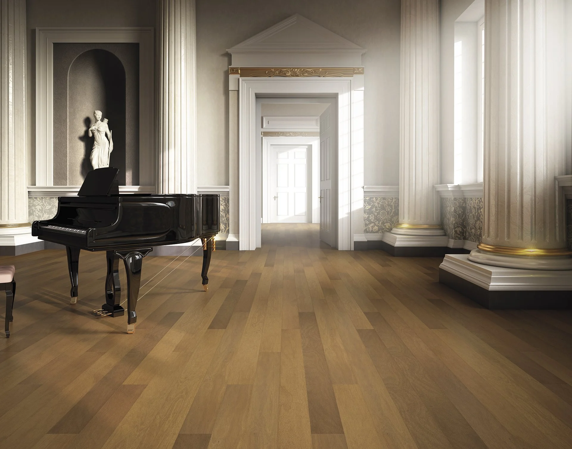 Sala elegante con piso de madera, columnas con detalles dorados, ventana grande, tocador de piano negro y estatua clásica en una repisa.