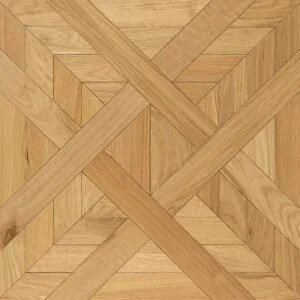 Tablero de versalles en madera de roble. Imagen de un patrón de parquet de madera con diseño geométrico en tonos beige y marrón.