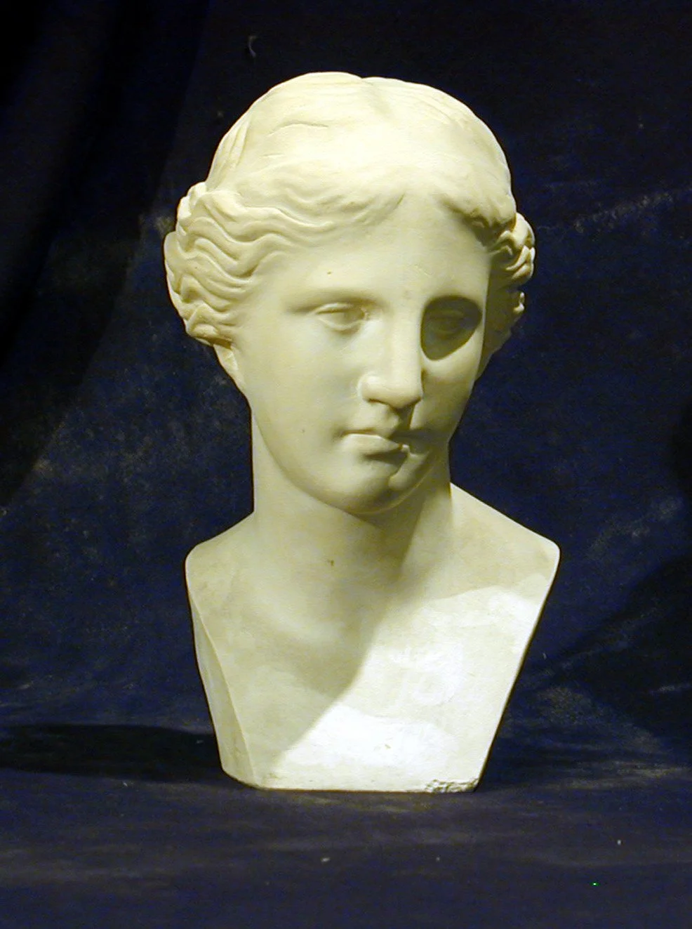 Escultura en mármol de una cabeza femenina clásica.