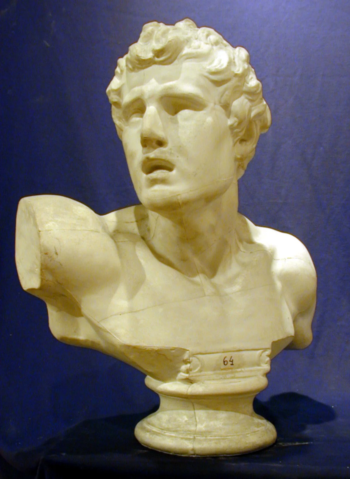 Busto de mármol de un hombre con cabello rizado y expresión pensativa, colocado sobre una base, con fondo oscuro.