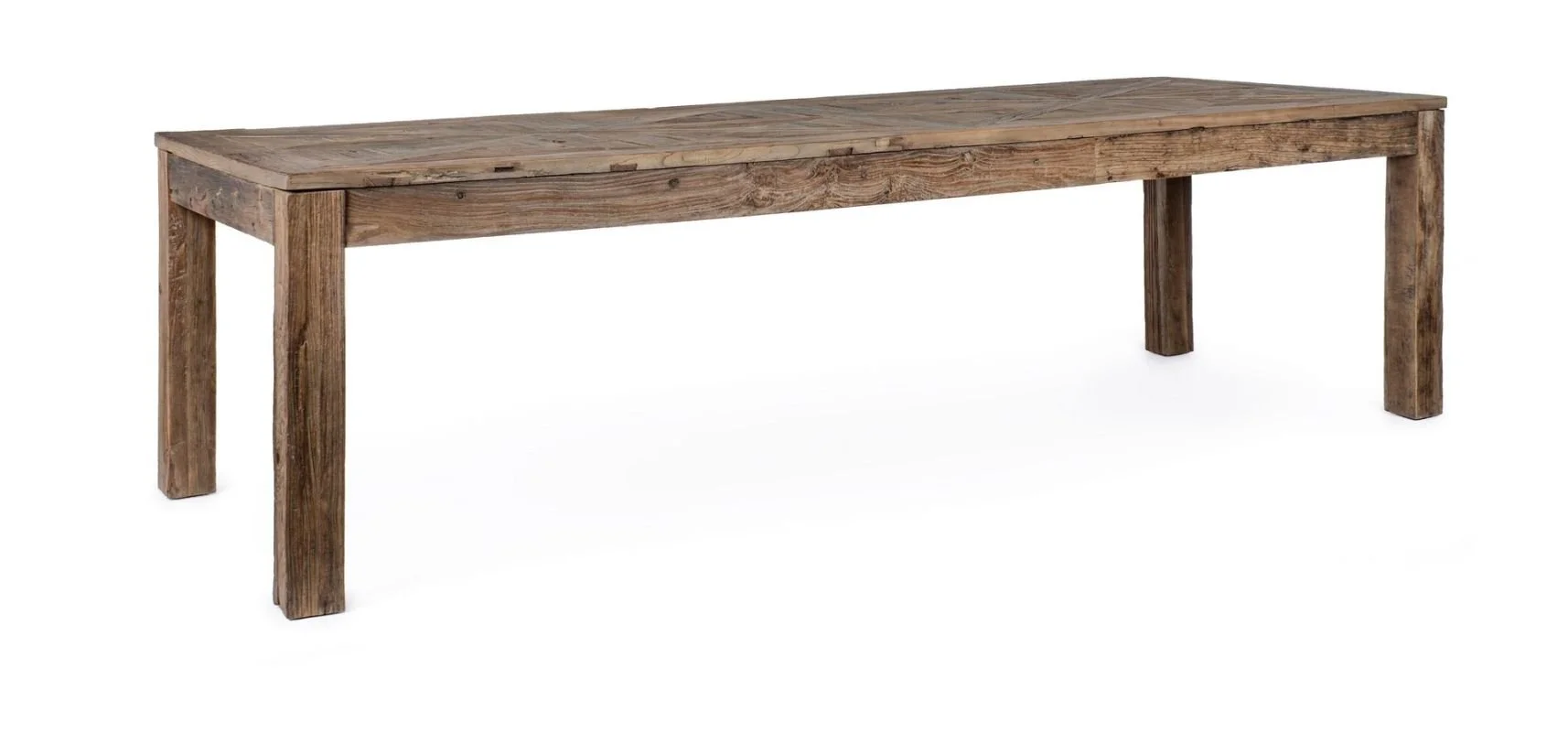 Mesa de madera rústica de tablones y patas robustas en tono natural.