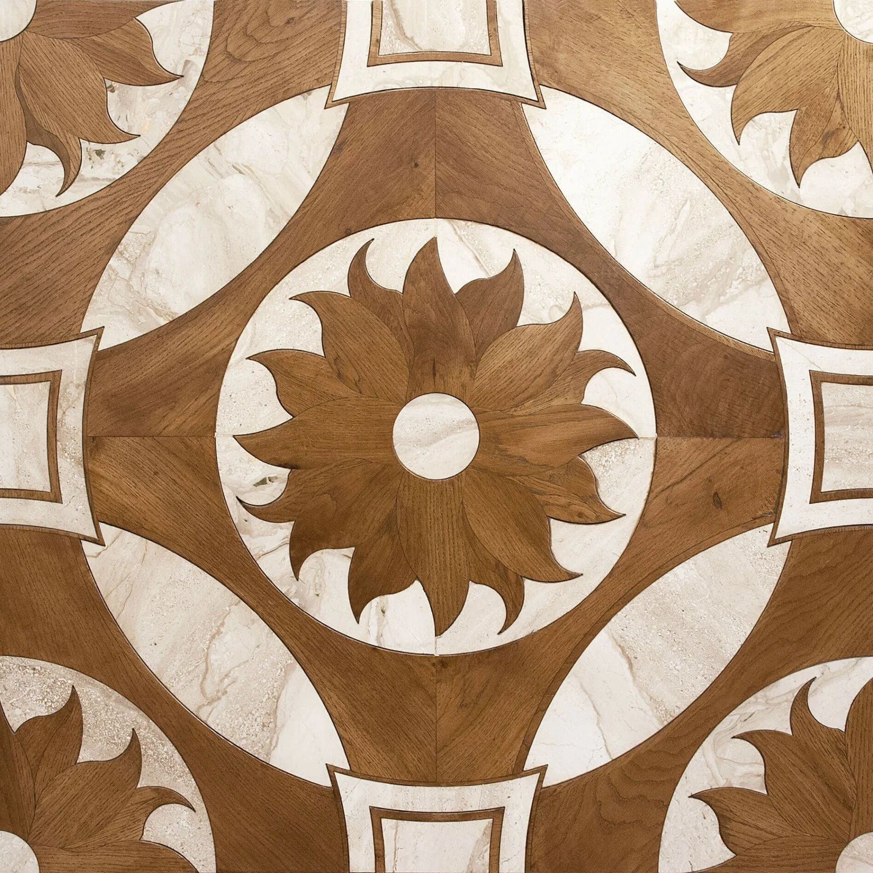 Diseño de tarima de madera con patrón de flores y círculos en tonos marrón y beige.