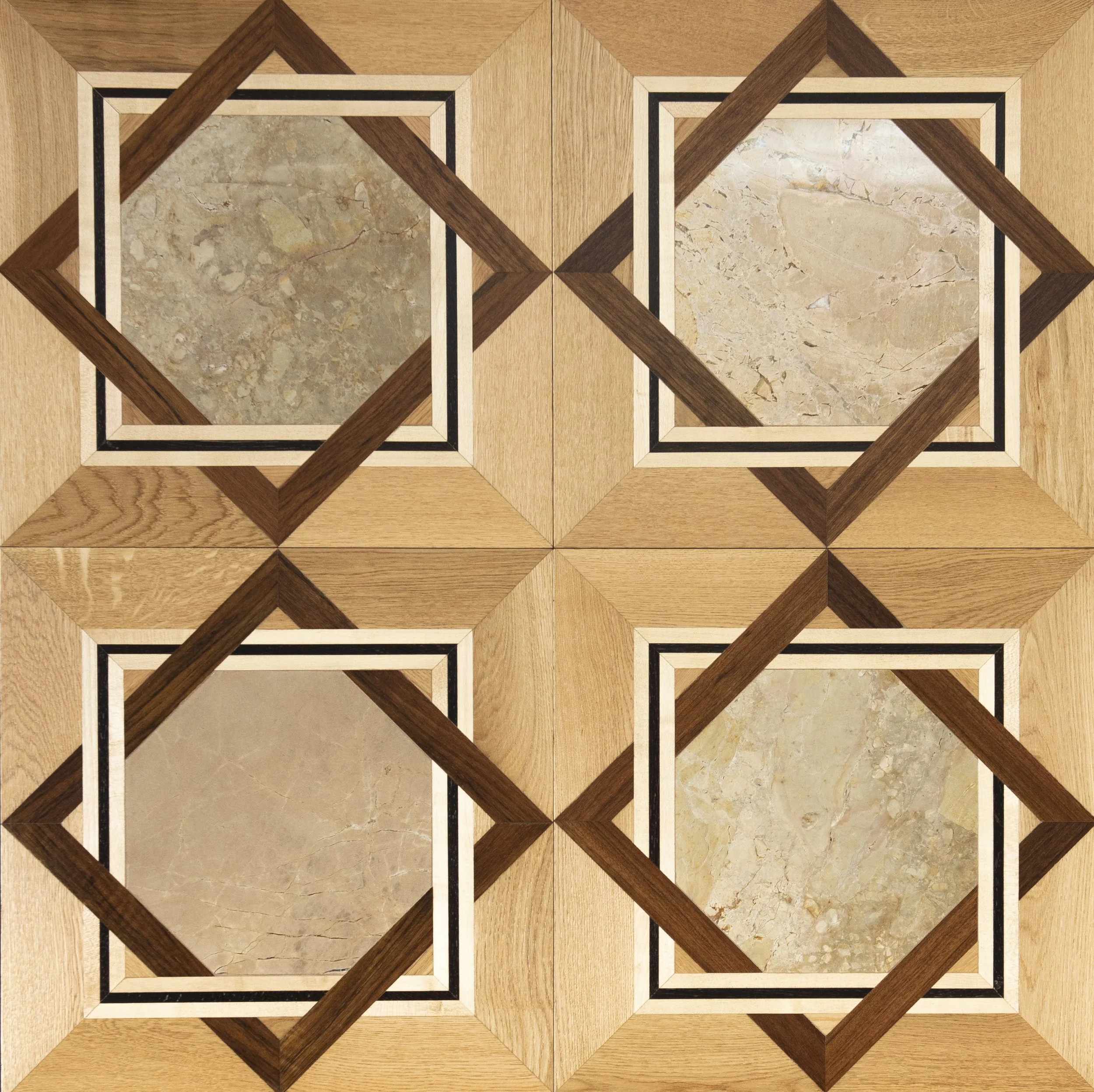 Revestimiento de suelo de madera con patrones cuadrangulares que contienen rocas decorativas en el centro, rodeadas de marcos en tonos oscuros y claros.