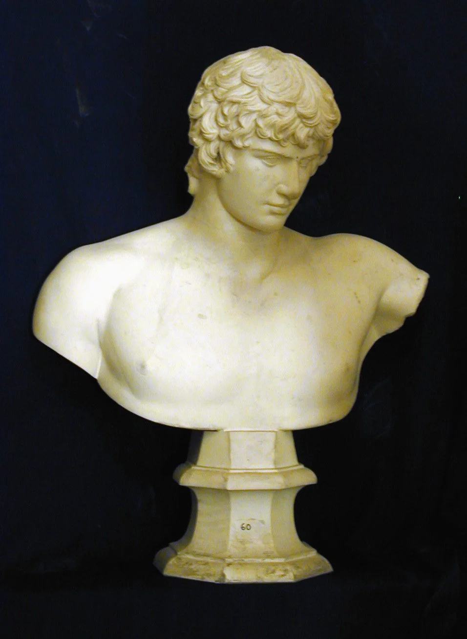 Busto de mármol de un joven con cabello rizado, sin brazos y con expresión pensativa.