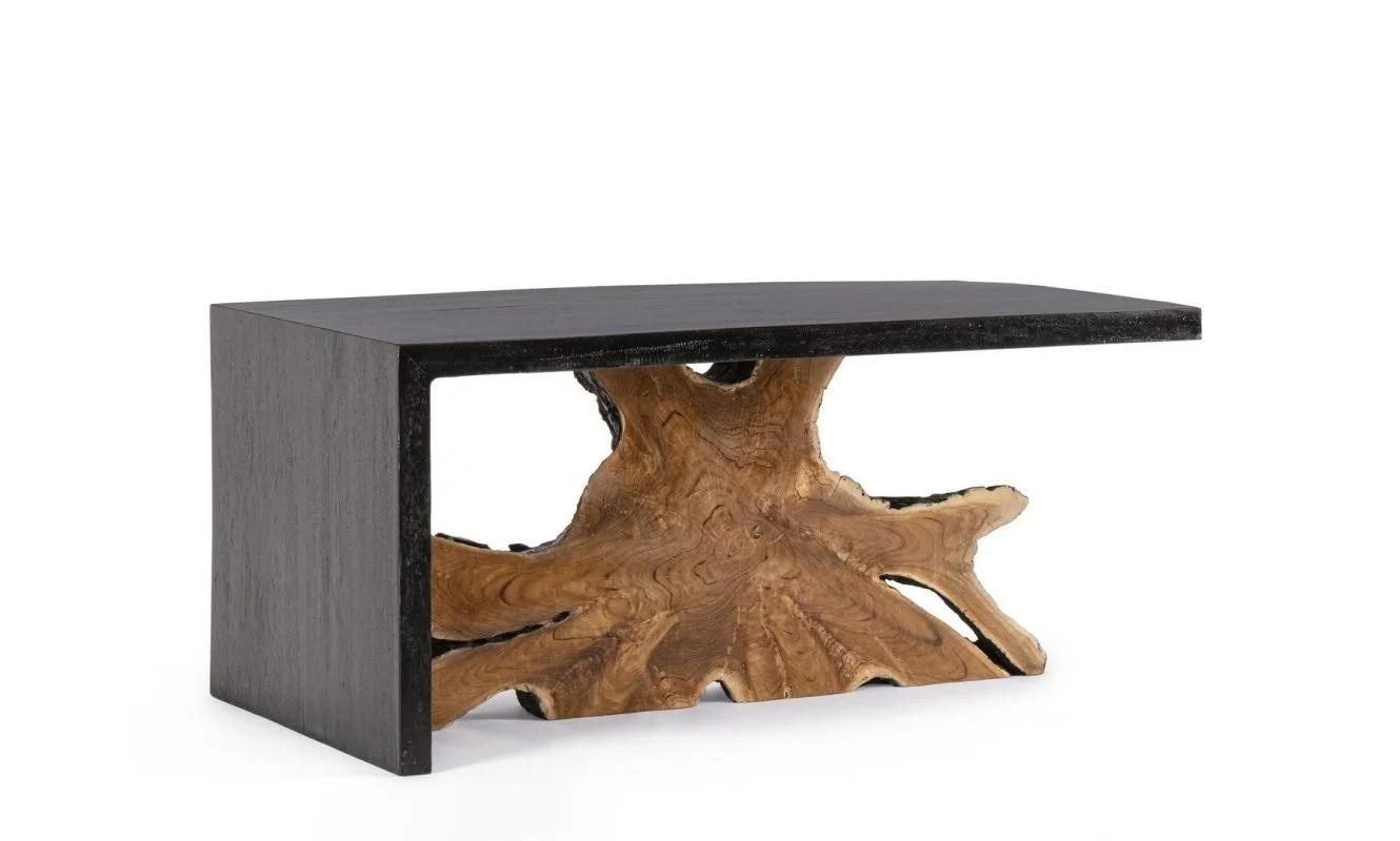 Mesa moderna con base de madera natural y superficie negra