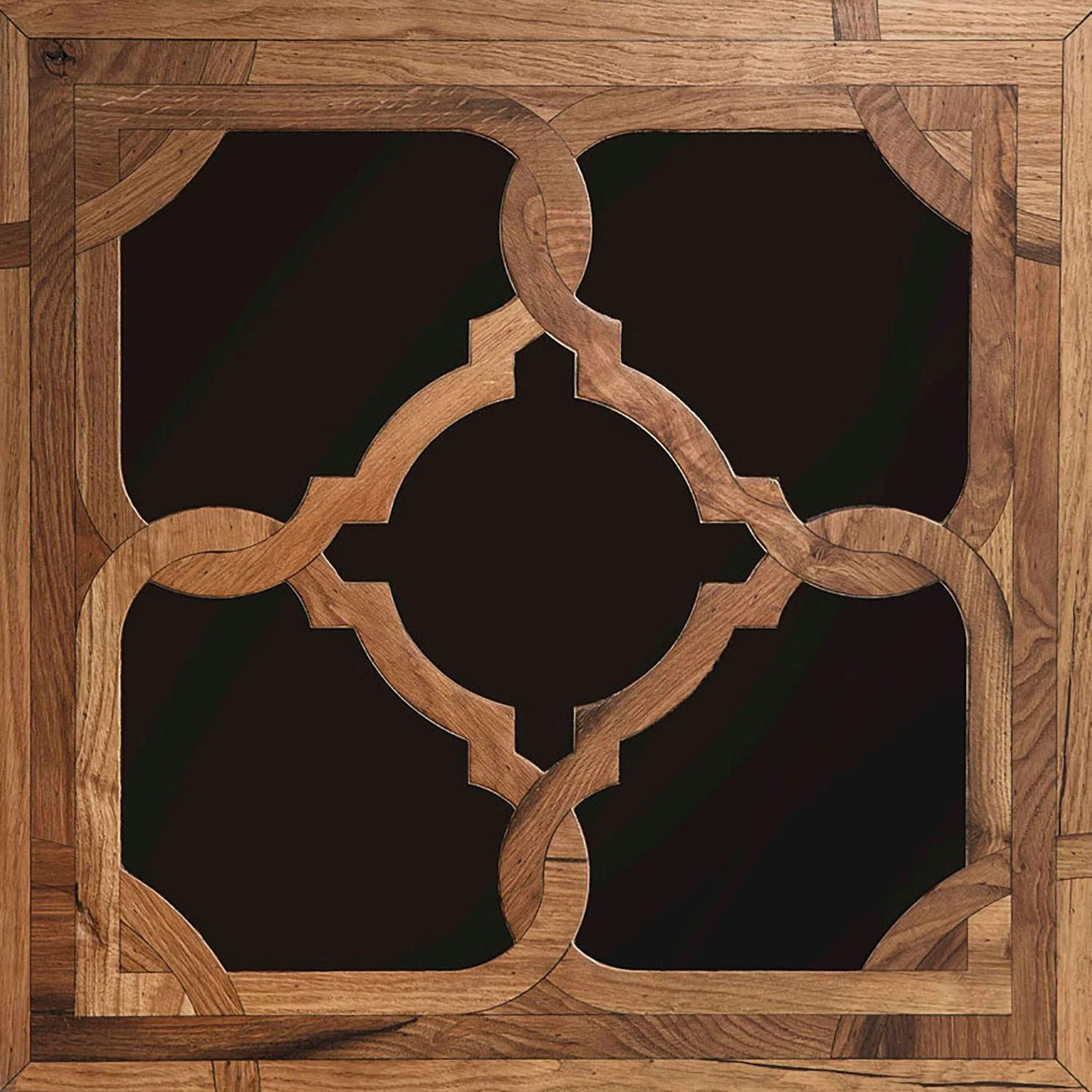 Vista superior de un diseño de madera con patrones geométricos y espacios en negro.