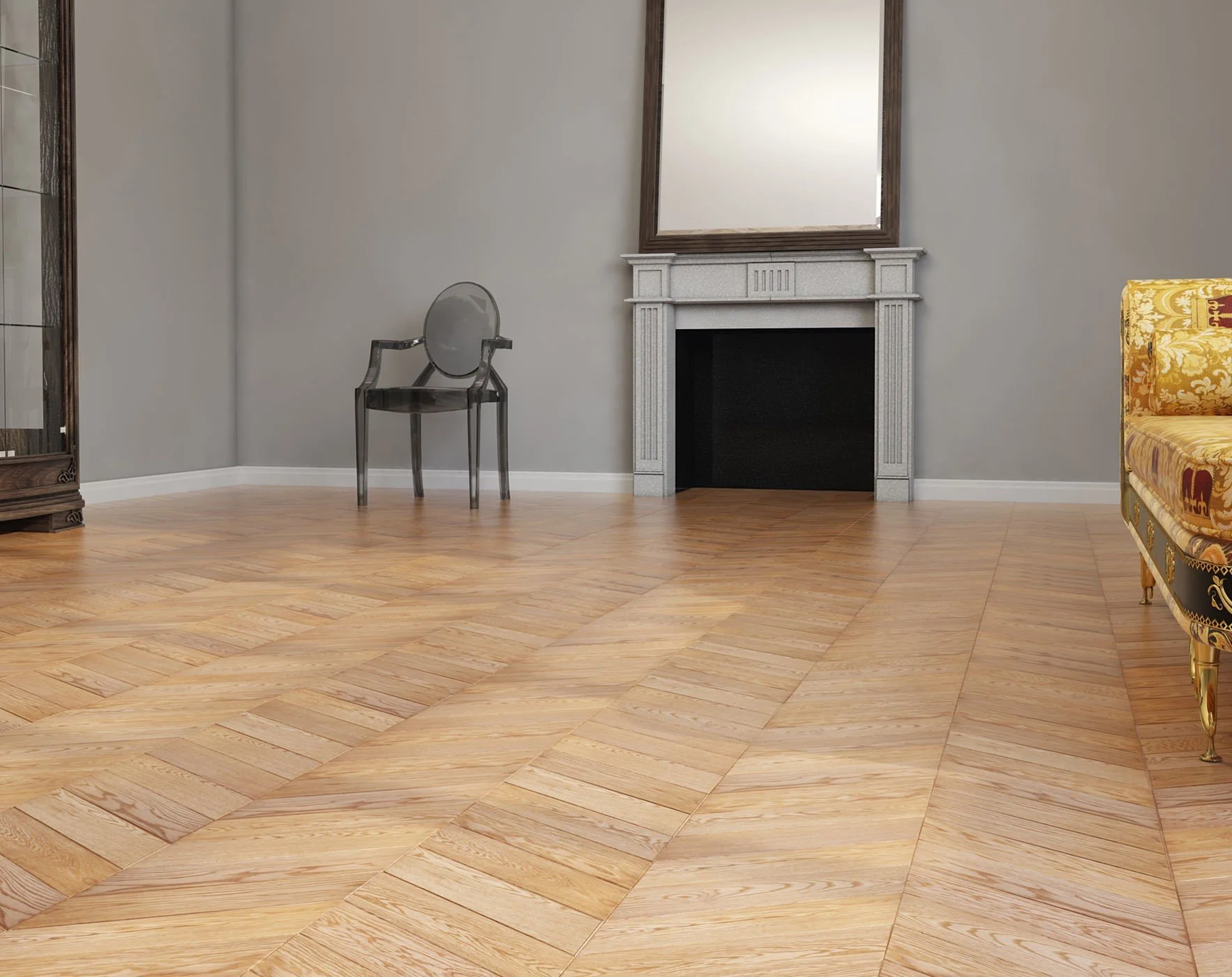 Sala con suelo de madera clara, chimenea de piedra con espejo encima, silla negra de diseño moderno, mueble de madera oscura y un sillón clásico tapizado en oro y rojo.