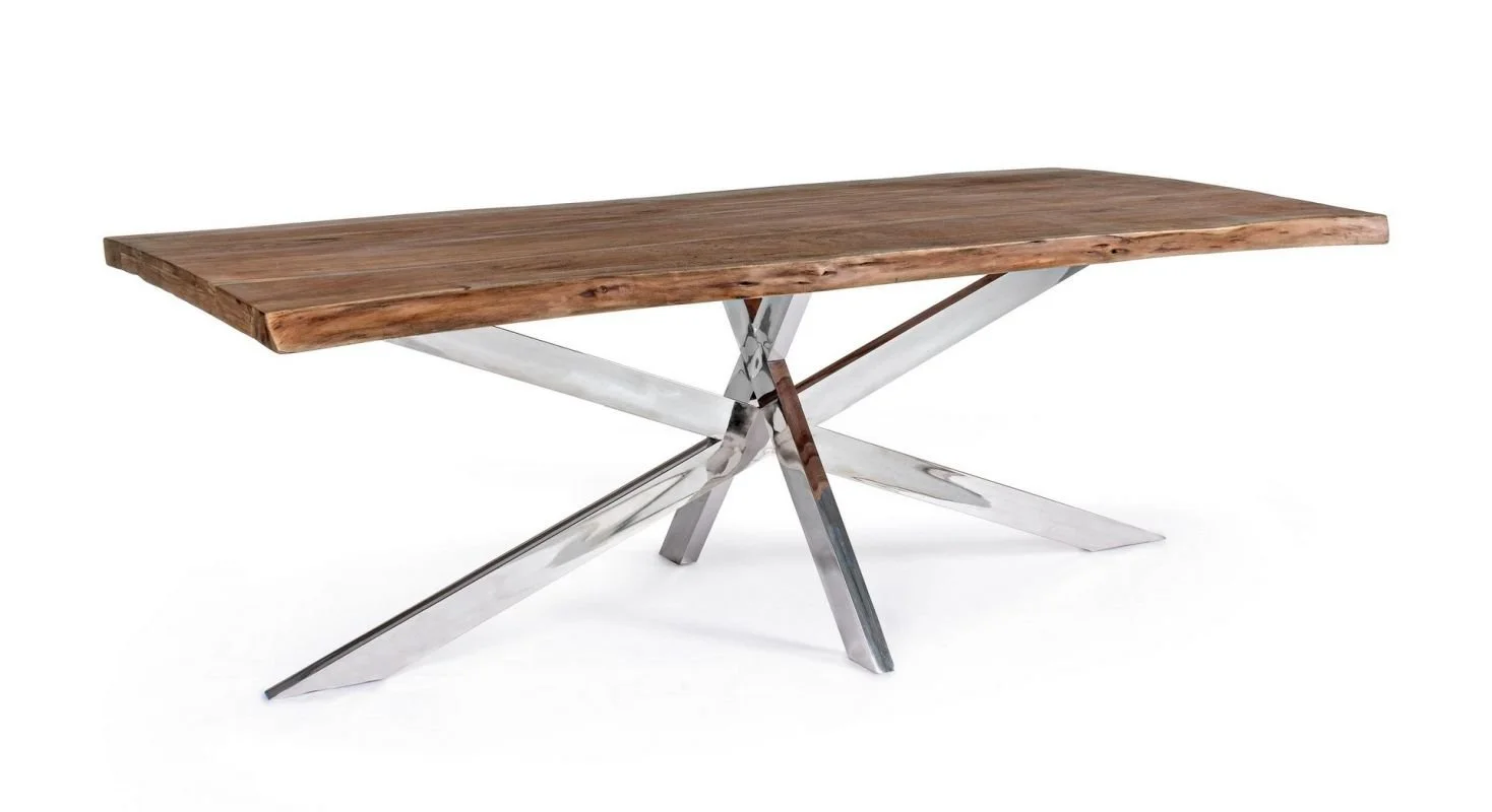 Mesa moderna con base de metal en forma de X y superficie de madera