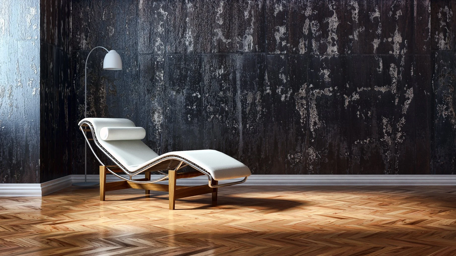 Sillón de diseño en una habitación con pared negra texturizada y piso de madera.