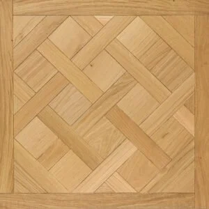 Tablero de versalles en madera de roble. Imagen de un patrón de parquet de madera con diseño geométrico en tonos beige y marrón.