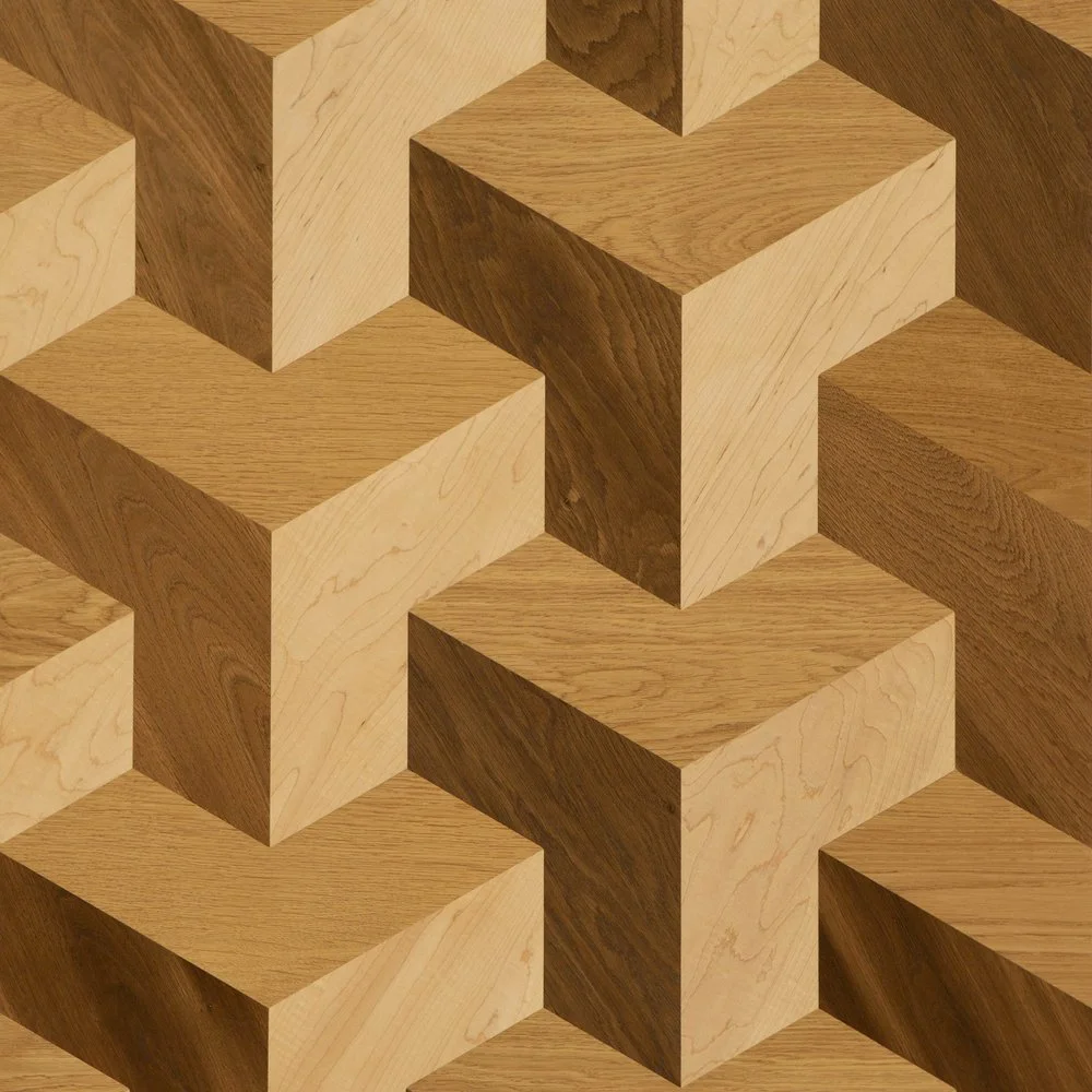 Patrón de rompecabezas en patrón 3D hecho de madera de diferentes tonos.