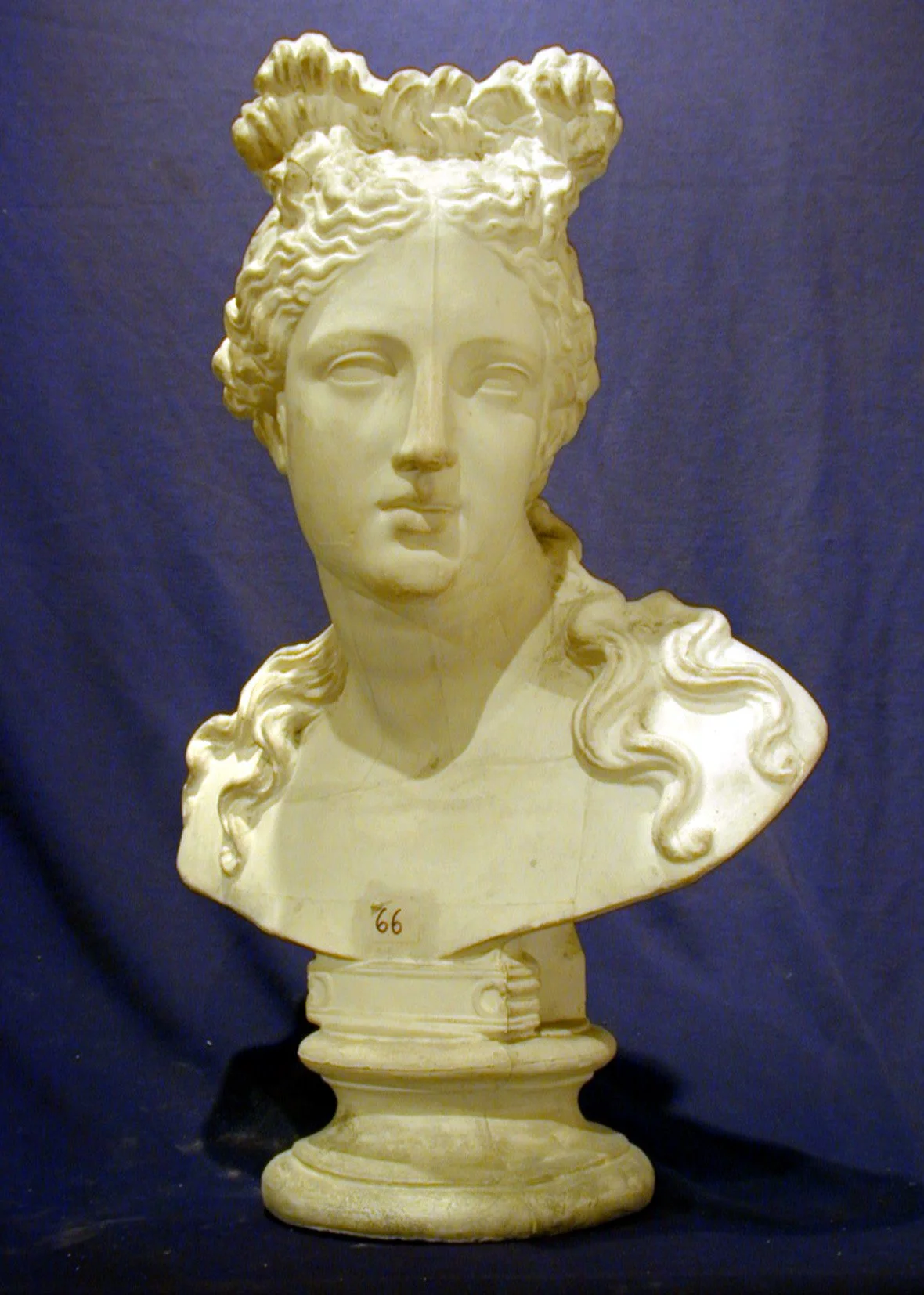 Escultura de busto clásico de una mujer con cabello rizado en estilo antiguo, de color blanco, en un fondo azul