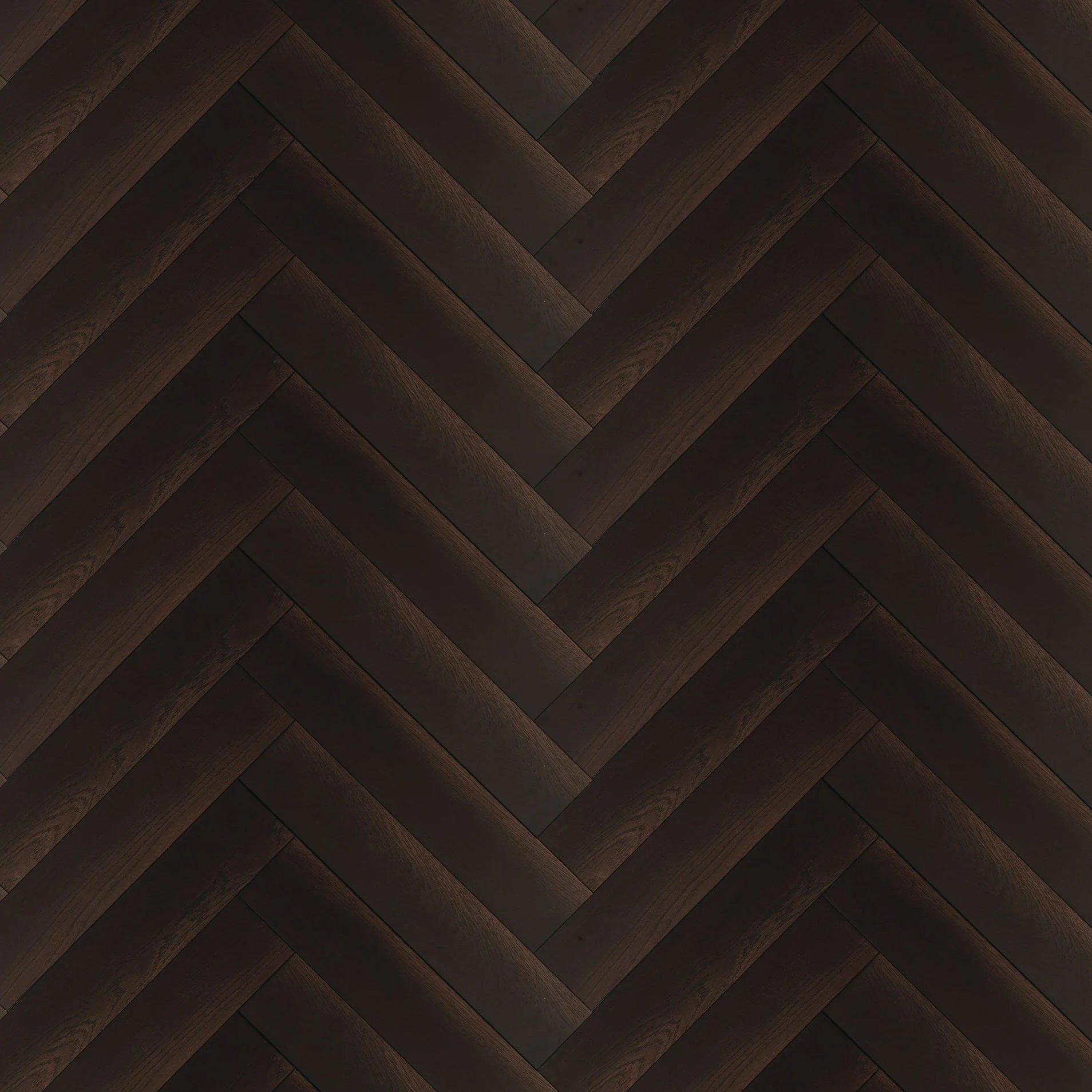 Piso de madera oscura en patrón de espiga.