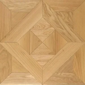Tablero de versalles en madera de roble. Imagen de un patrón de parquet de madera con diseño geométrico en tonos beige y marrón.