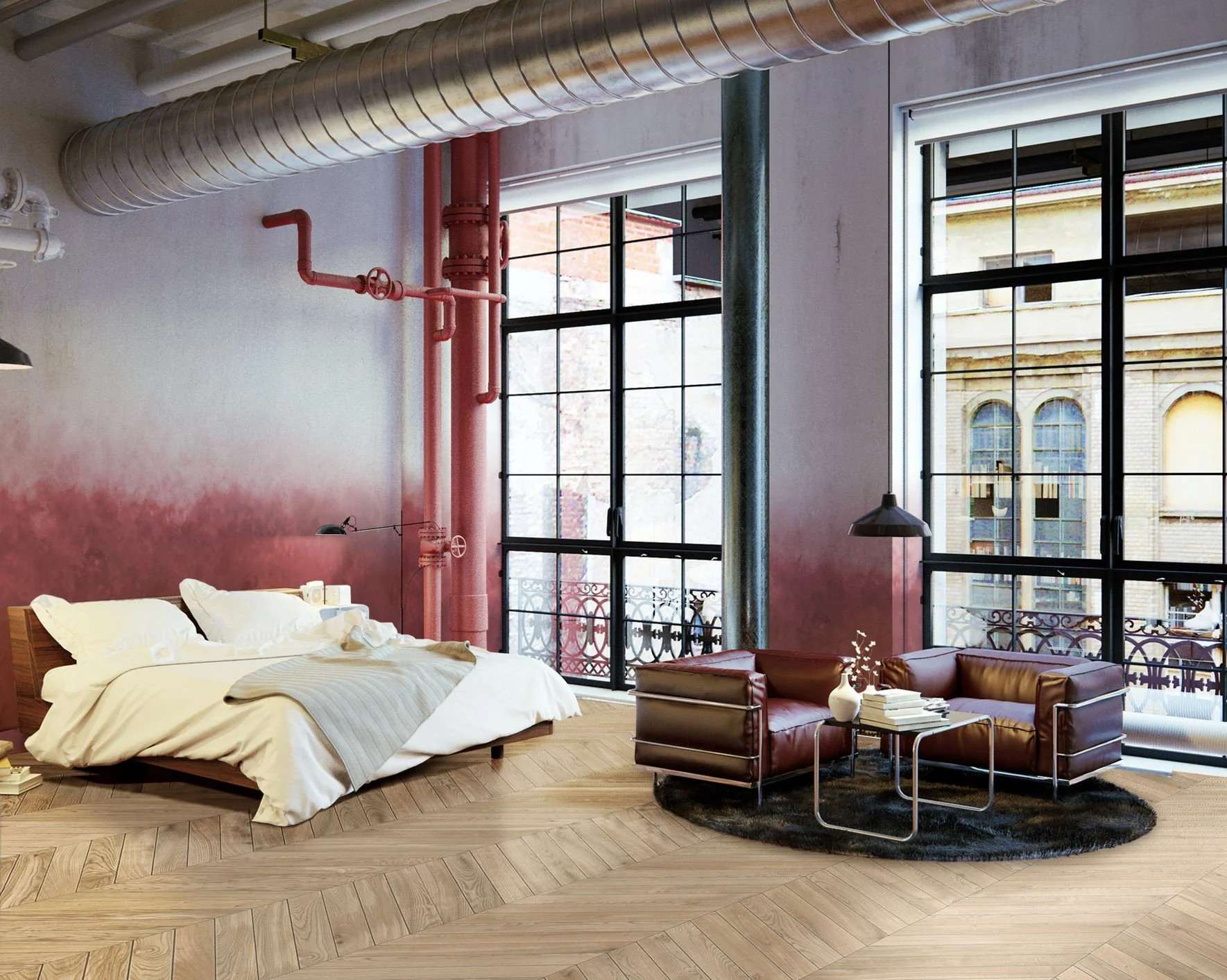 Una habitación moderna con una cama, un sillón de cuero y ventanas grandes que dejan entrar luz natural, con detalles de tuberías expuestas en la pared.