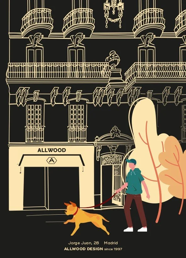 Ilustración de un edificio clásico con balcones y detalles arquitectónicos, en un fondo oscuro. En la parte inferior, una persona con camiseta azul y pantalones oscuros pasea a su perro de color marrón. La escena incluye texto con información sobre una persona y un diseño llamado Allwood.