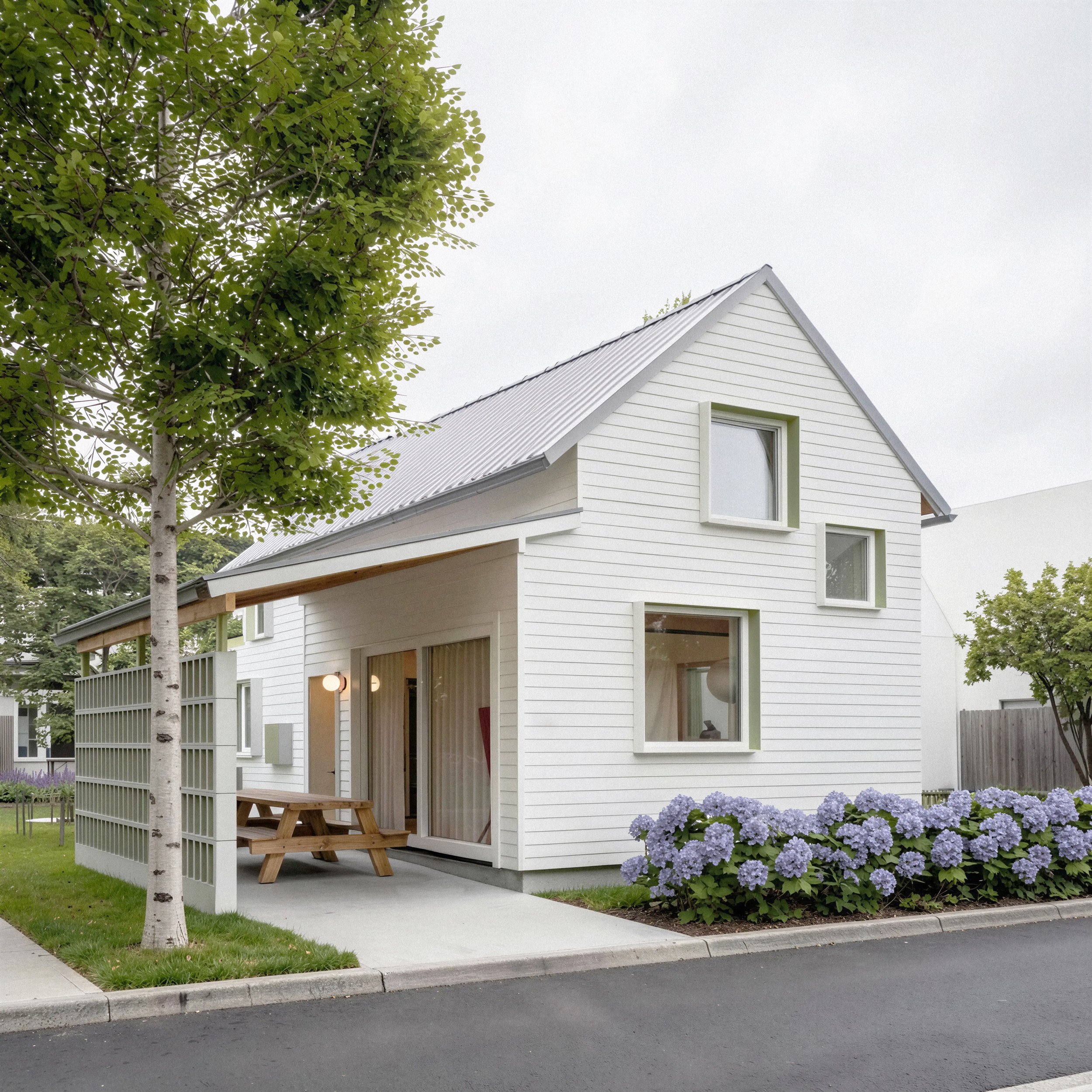An image of a contemporary ADU with breeze blocks and a carport / outdoor living space