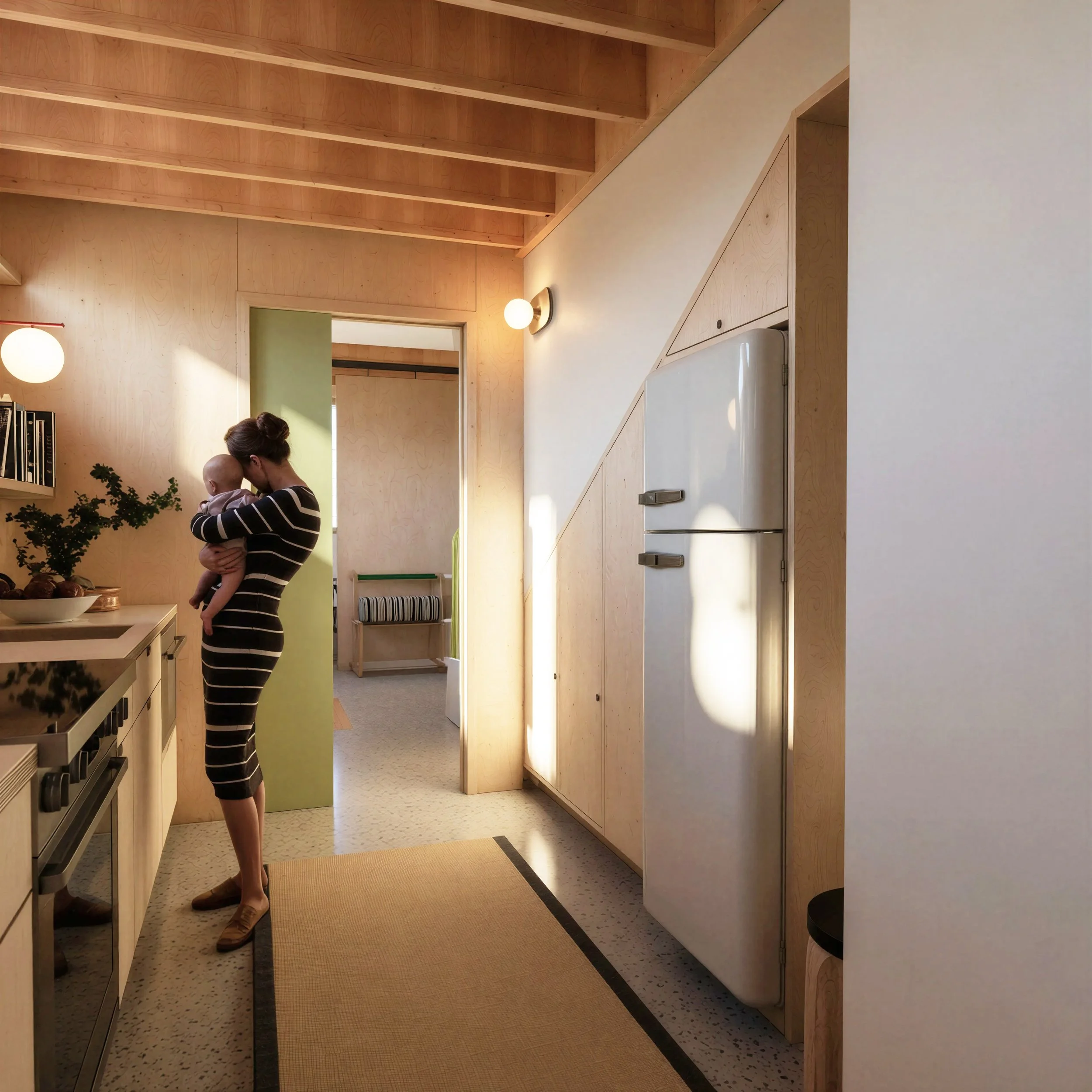 Contemporary Scandinavian ADU Kitchen. Herman Miller, Hay, and Artek furniture. Natural light. Baltic Birch Plywood. Colorful Minimalist