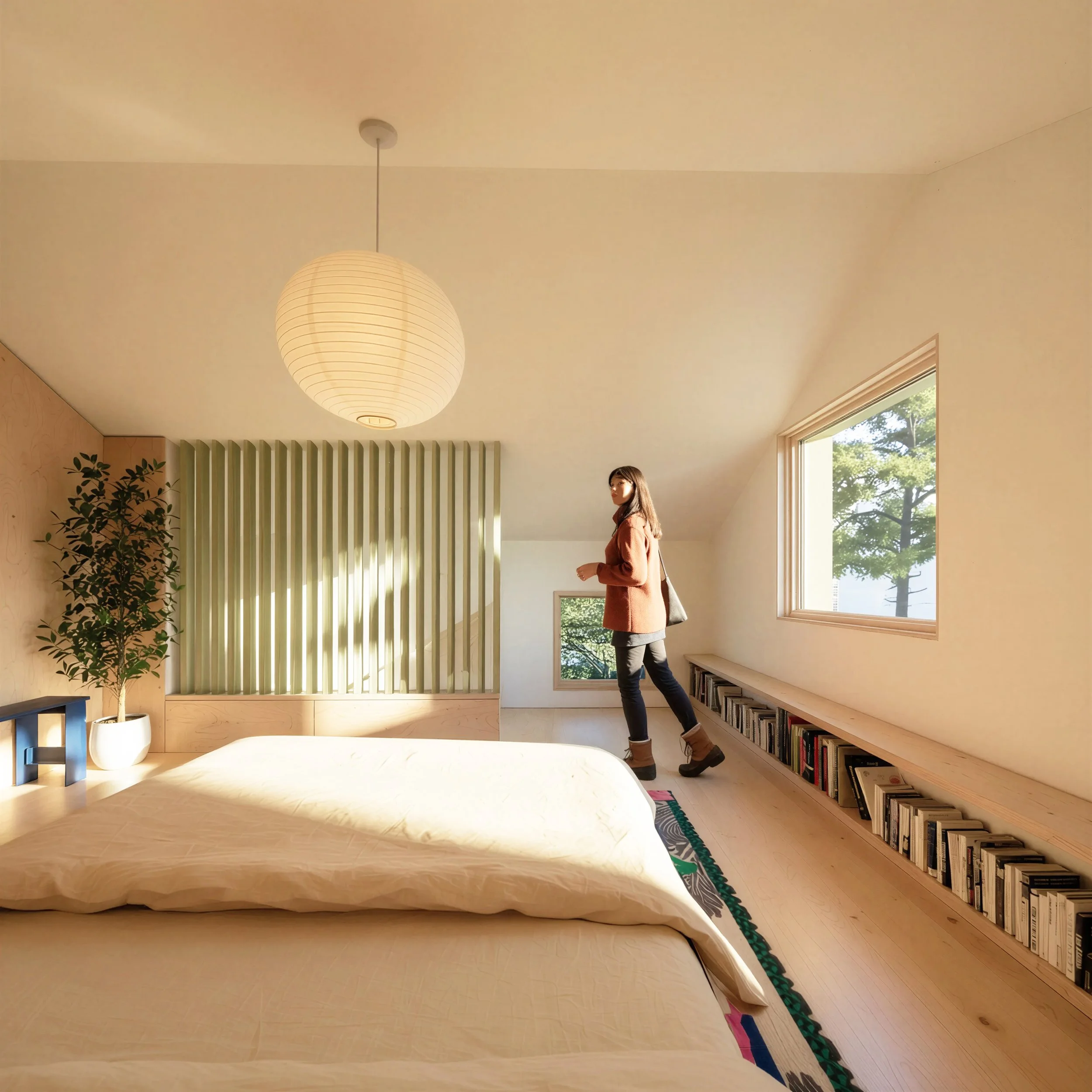 Contemporary Scandinavian ADU Sleeping Loft. Bookshelves. Slat Wall. Herman Miller, Hay, and Artek furniture. Natural light. Baltic Birch Plywood