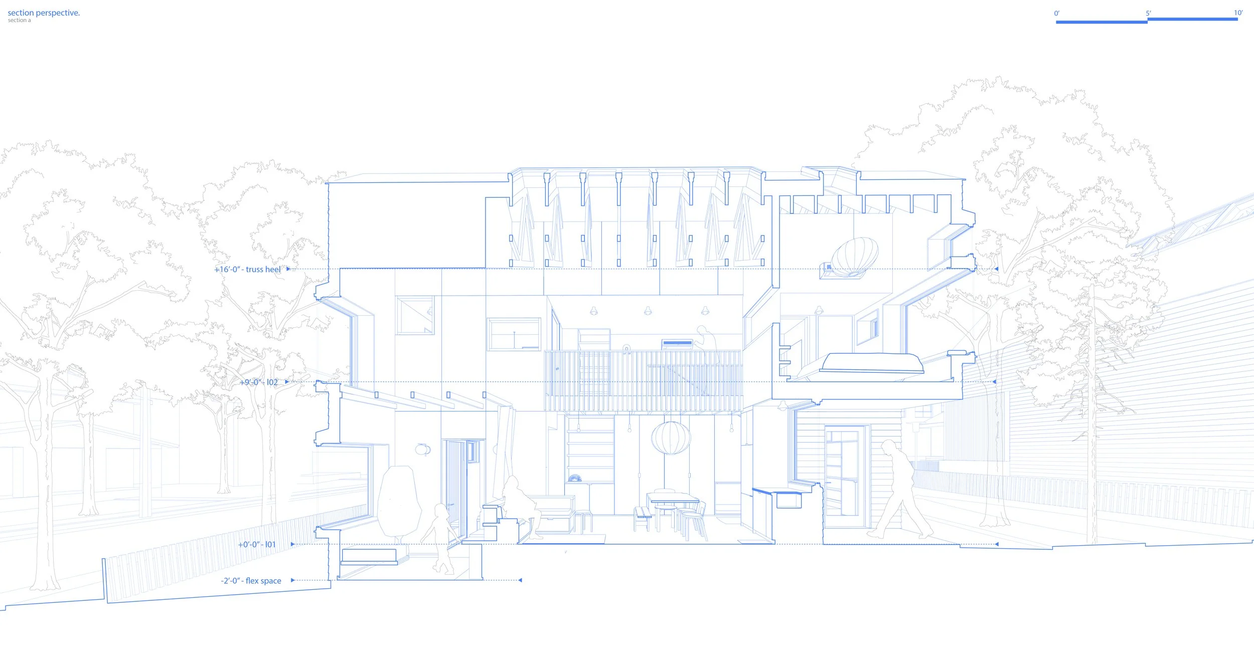 An section perspective linework drawing of a contemporary missing middle housing rowhouse development with colorful facades and natural landscaping. Nashville designer.