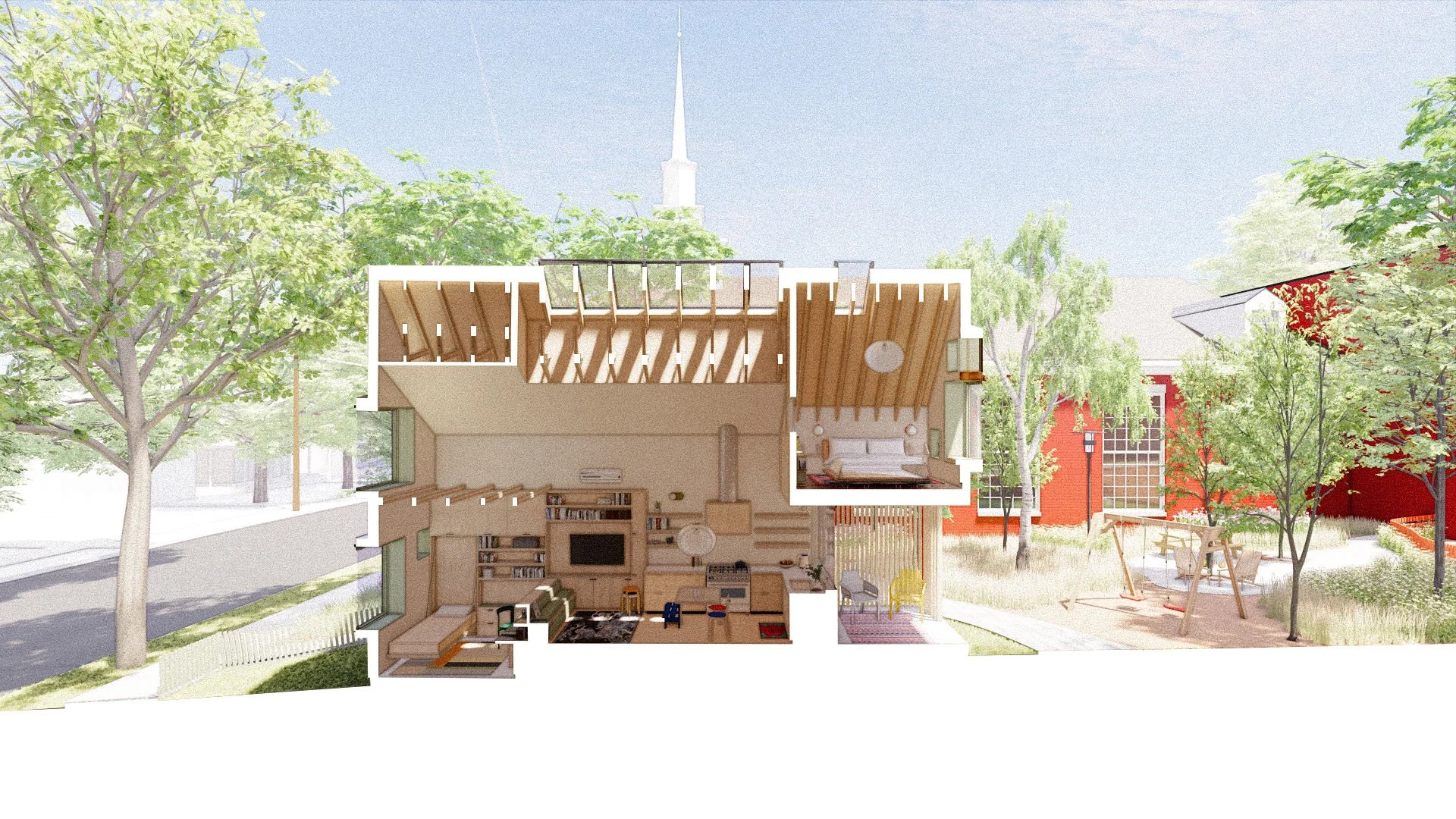 A section perspective rendering of a contemporary missing middle housing rowhouse development with colorful facades and natural landscaping. Nashville designer.