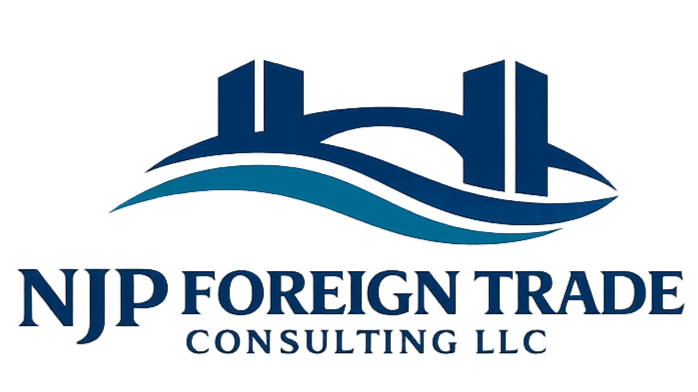 Logo for NJP Foreign Trade Consulting, featuring stylized blue bridges and waves with company name in bold blue letters.