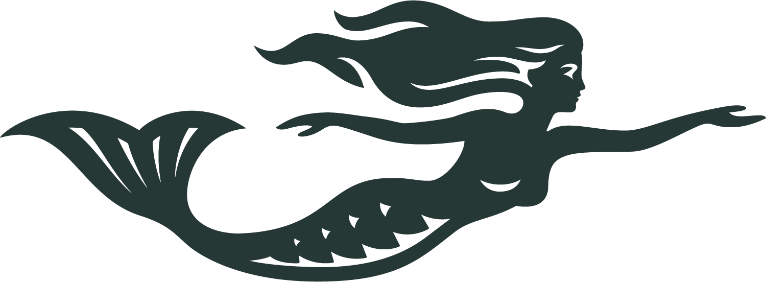 Lola's Lakehouse Logo in Forest Green - A stylized illustration of a mermaid with long flowing hair, a fish tail, and a serene expression, in a minimalist design. Designed by Jared Tuttle.