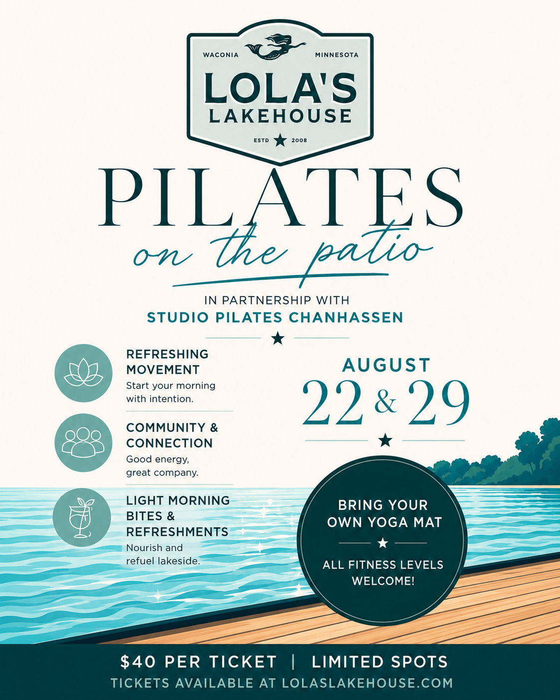 Pilates on the Patio at Lola’s Lakehouse with Studio Pilates Chanhassen