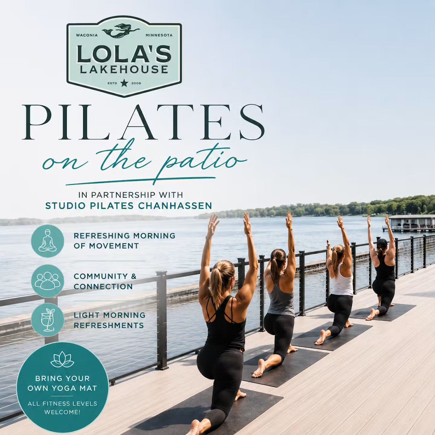 We've partnered with Studio Pilates Chanhassen for PILATES ON THE PATIO - two special Saturday mornings dedicated to intentional movement, community and connection. Join us at 8:30am for a refreshing mat flow on the patio, followed by light morning b