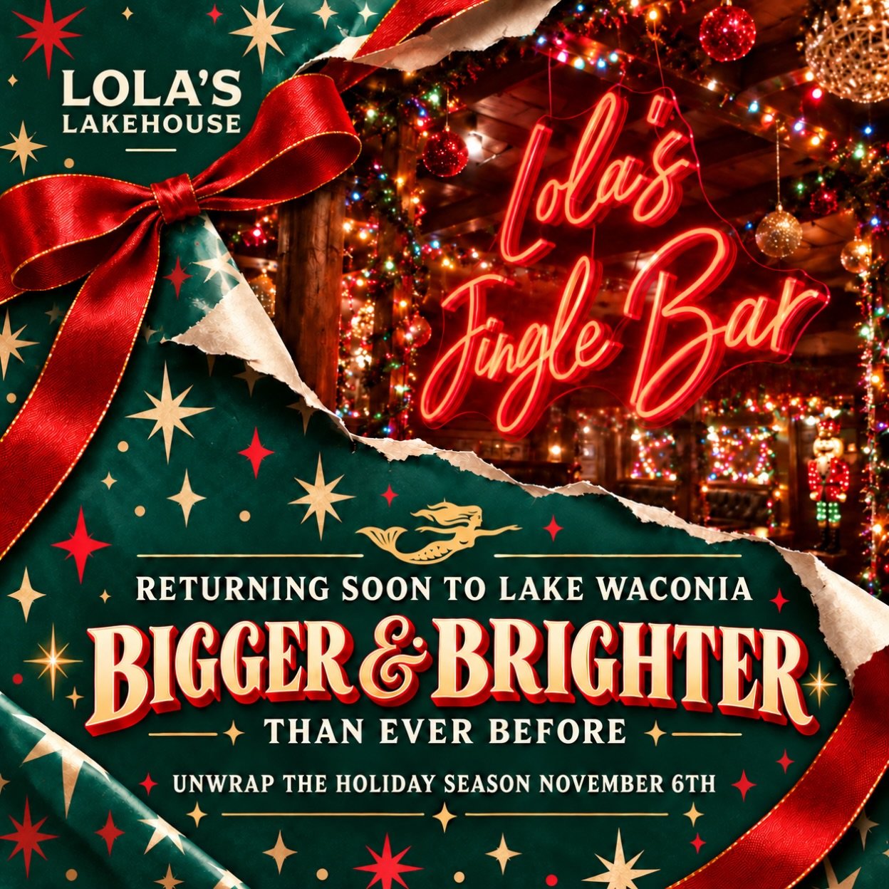 The COUNTDOWN is officially ON! ✨🎁🤩

In 30 days, Lake Waconia&rsquo;s favorite holiday celebration returns to Lola&rsquo;s Lakehouse. Twinkling lights, festive pours, familiar traditions and a whole lot of holiday magic just waiting to be unwrapped