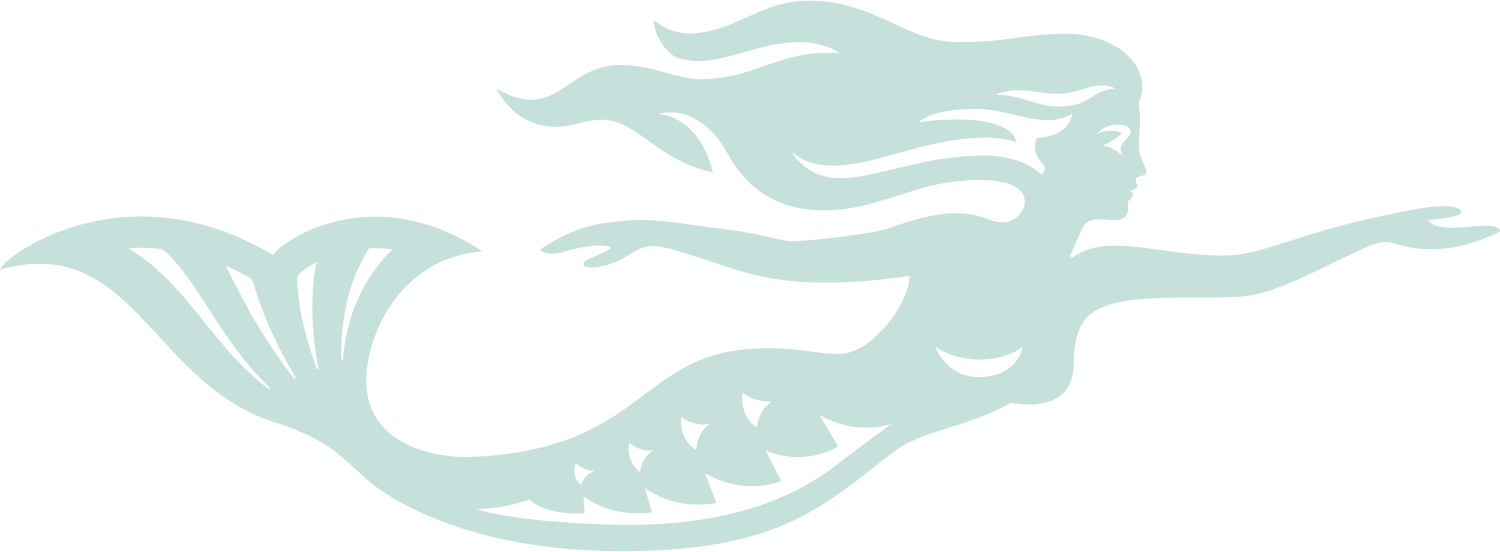Lola's Lakehouse Logo in Sky Blue - A stylized illustration of a mermaid with long flowing hair, a fish tail, and a serene expression, in a minimalist design. Designed by Jared Tuttle.