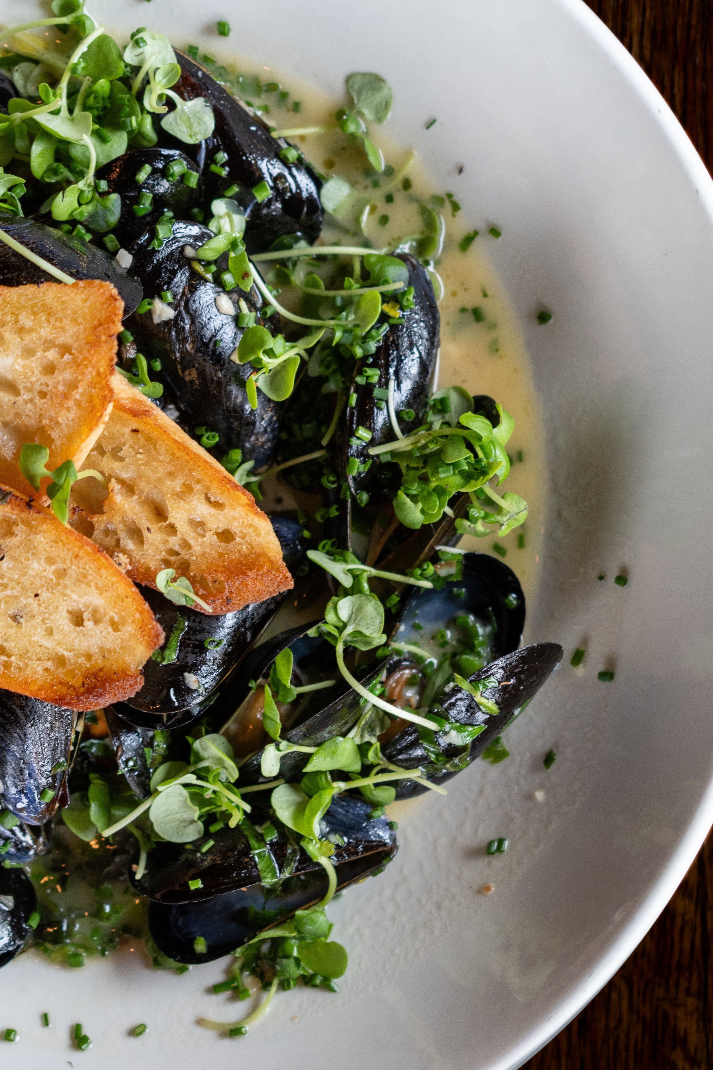 Close-up of a white plate featuring cooked mussels topped with chopped green herbs and microgreens, with two pieces of toasted bread on the side.