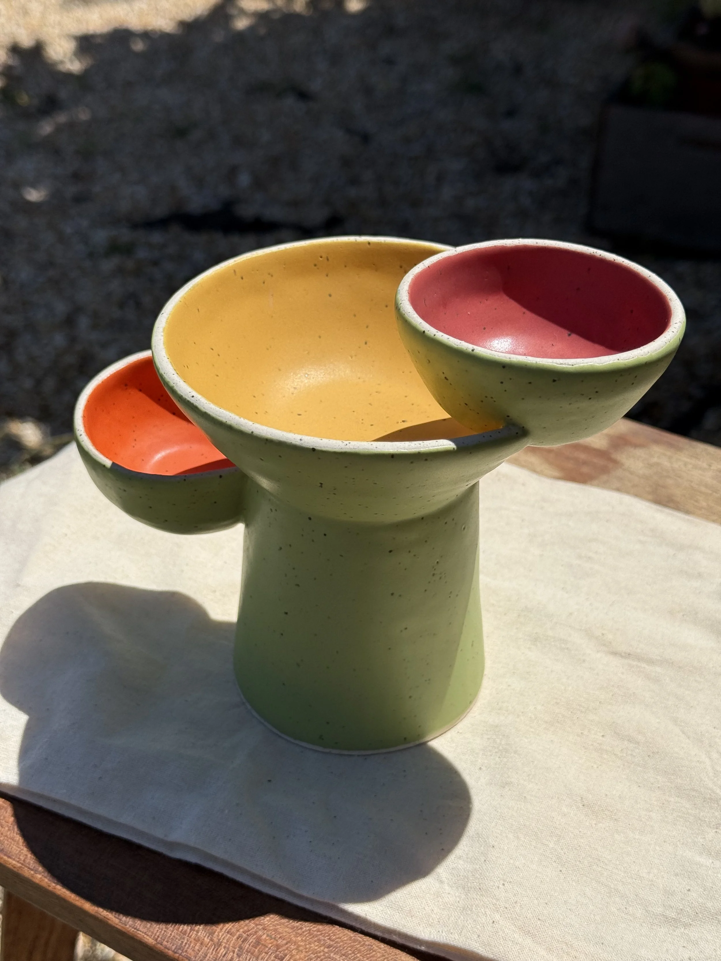 Triple Pedestal Bowl in Mint and Golden