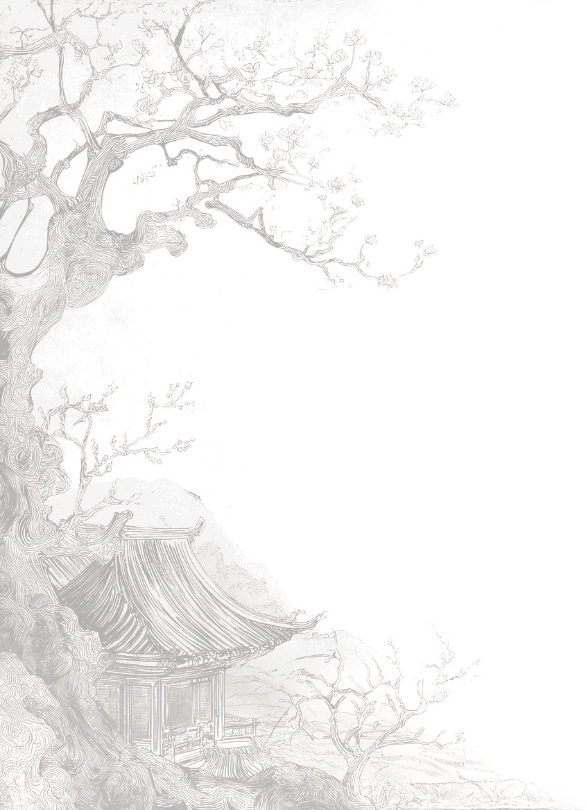 A traditional Asian garden scene with a large, gnarled tree, a small pagoda-style structure, and some leafless trees suggesting a winter setting.