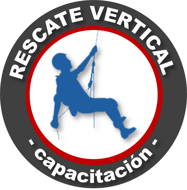 Símbolo de entrenamiento en rescate vertical con una figura de escalador en cuerda dentro de un círculo, rodeado por un texto que dice 'Rescate Vertical Entrenado'.