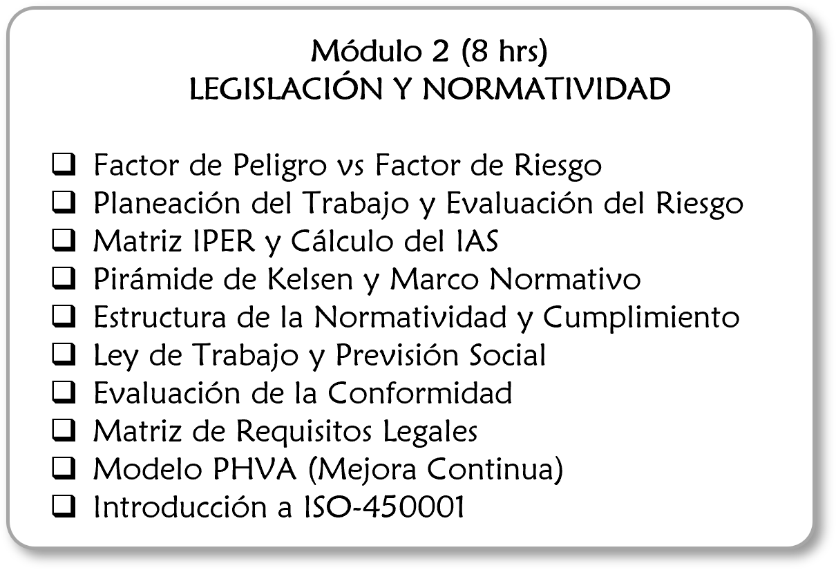 Listado de temas del módulo 2 sobre legislación y normatividad en 8 horas, incluyendo factores de peligro y riesgo, evaluación del riesgo, matriz IPER, pirámide de Kelsen, estructura de la normatividad, ley de trabajo, evaluación de la conformidad, matriz de requisitos legales, modelo PHVA y ISO 45001.
