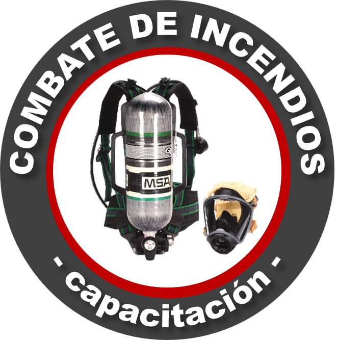 Equipo de protección contra incendios, incluyendo un rociador de respiración, un casco y gafas de protección, con texto en francés e inglés que dice 'Combate de Incendios' y 'Trained'. DC3
