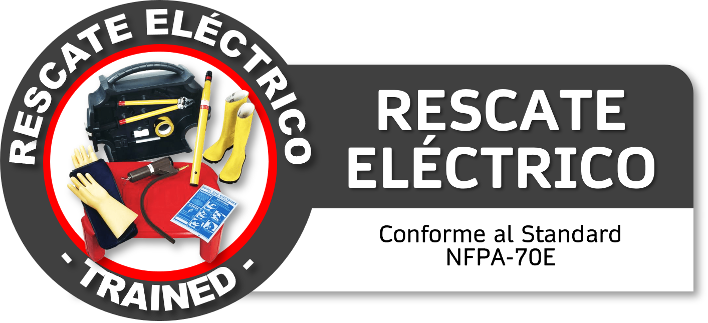 Kit de rescate eléctrico con guantes, botas amarillas, herramientas y etiquetas, con texto que dice "Rescate eléctrico" y que cumple con el estándar NFPA-70E.